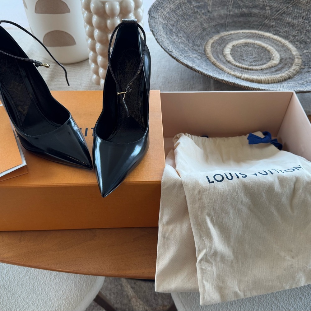 Louis Vuitton Women’s Black Heels with Monogram Ankle Strap, Size 7/37 NWB